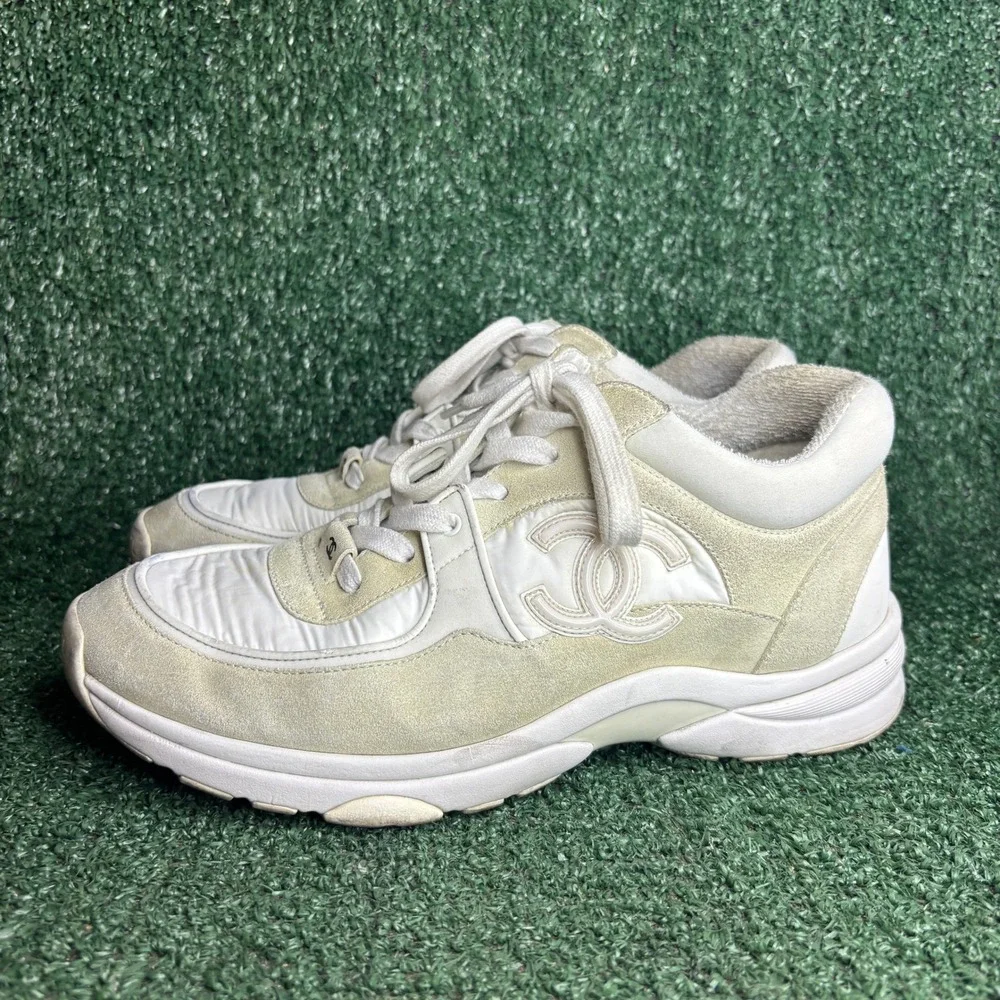 Chanel CC Logo Low Top Suede Nylon Chunky Dad Lifestyle Sneakers White Women 9.5
